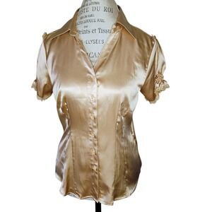 Vintage Marianne Satin Top Women Large Champagne Office Siren Preppy Ruffle Lace